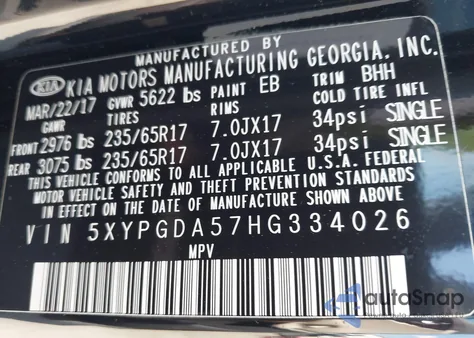 2017 Kia Sorento 3.3L Lx из США, поврежденный, VIN 5XYPGDA57HG334026